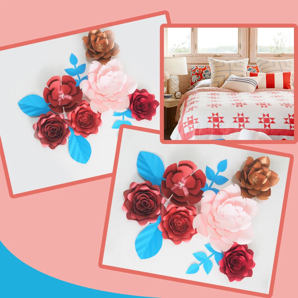 DIY Artificial Flowers Fleurs Artificielles Backdrop Giant Paper Flower Rose 6PCS + 4 Leaves For Bedroom Nursery Wall Decor