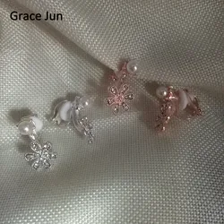 Grace Jun New Design Small Flower Rhinestone Simulated Pearl Clip on Earrings Without Piercing  for Women  Ear Clip Korea Style