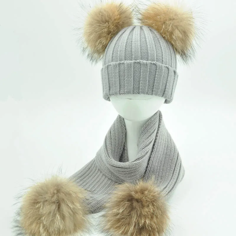 Jaxmonoy Children Winter Hat Scarf Set for Baby Knitted Beanie With Real Raccoon Fur Pom pom Boy and Girls Warm Cap Scarf Set