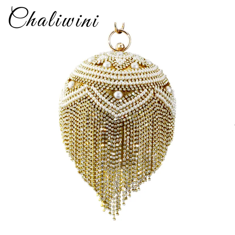 

Chaliwini Tassel Golden Lady Shoulder Pearl Beaded Round Ball Wedding Bag Women Evening Bridal Crystal Knucklebox Clutch Handbag