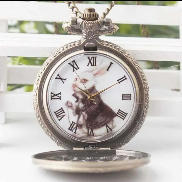 Alice in wonderland Vintage Bronze antiques Fashion quartz steampunk Good quality woman pocket watch chain