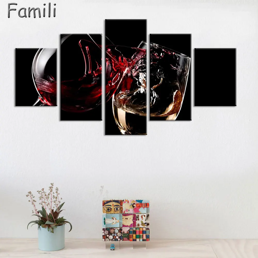 

5Pcs Modern Still Life Wine Bottles Wall Art Painting Red Wine And Champagne With Glass Fruit And Barrel Picture for Kitchen