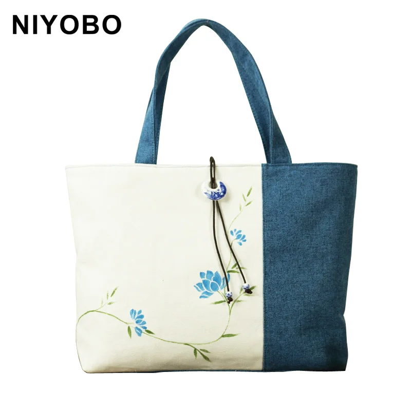 China National Style Women Bags Hand Painted Flower Shoulder Bag Fashion Cotton Linen Women Handbags  PT935