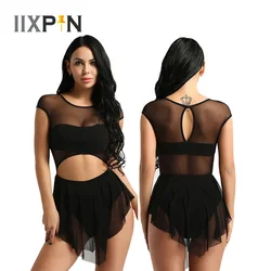 Women ballet dress gymnastic Leotard dress Sleeveless Round Neck Cut Out Front Asymmetric Mesh Dance Gymnastics Ballet Dancewear