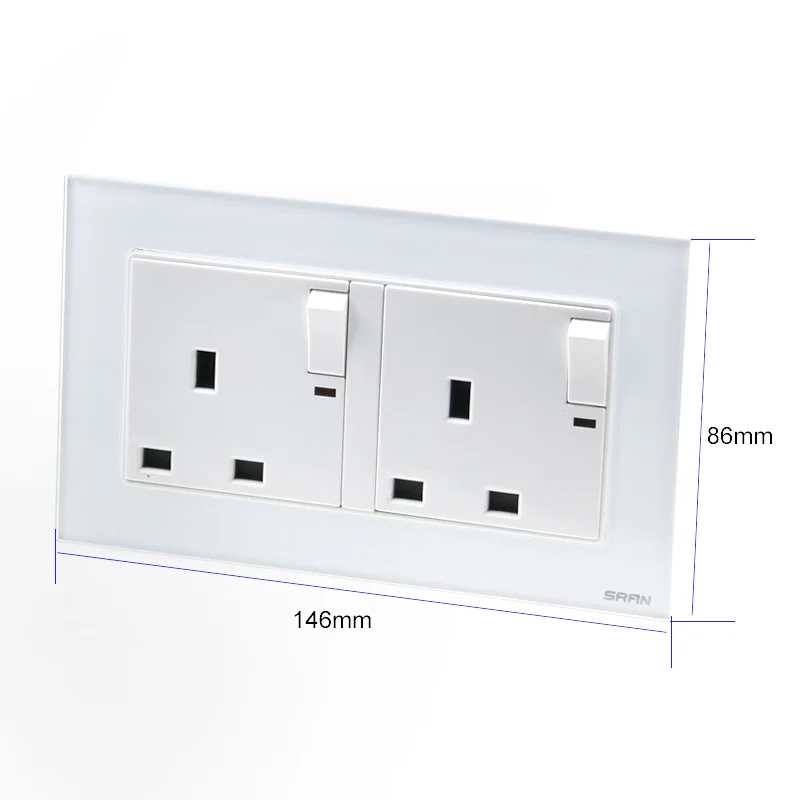 High quality double row double three-hole British 13A socket with USB socket tempered glass panel