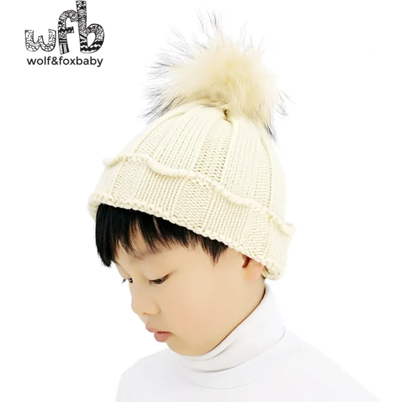 Retail 21cm*8cm Knitted cap Raccoon hair solidcolor hat baby children infant kids spring autumn fall winter