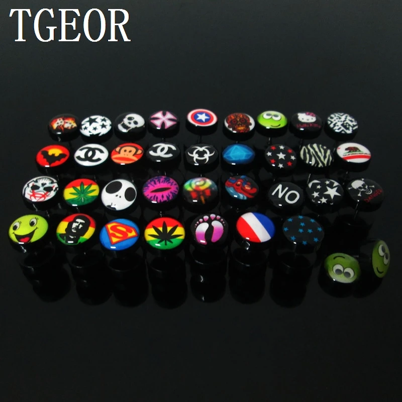 

new Hot wholesale 200pcs mixed logos print cheaters earring 1.2*6*10/10mm acrylic ear fake plugs