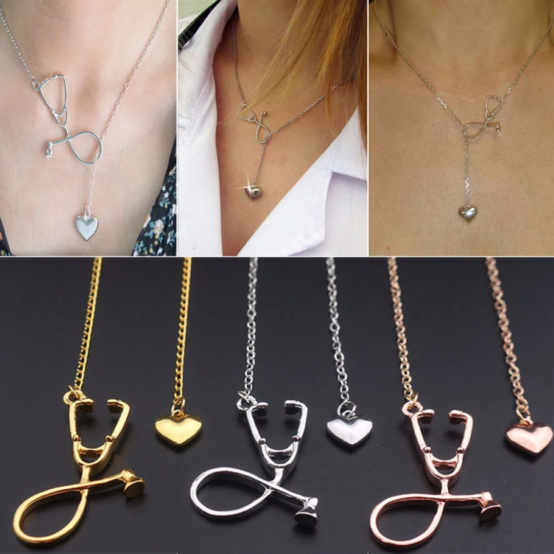 4 Colors Doctor Nurse Stethoscope Lariat Heart Pendant Chain Necklace Jewelry