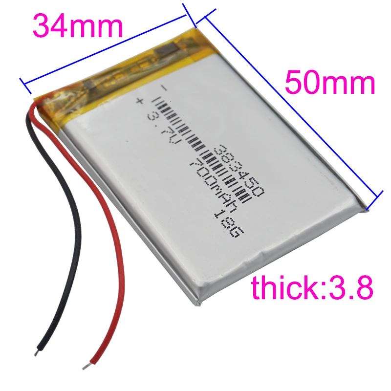 3.7V 700 mAh 2.59Wh Polymer Rechargeable Li Lithium Battery Lipo 383450 For Bluetooth Speaker DashCam GPS Driving Recorder MID