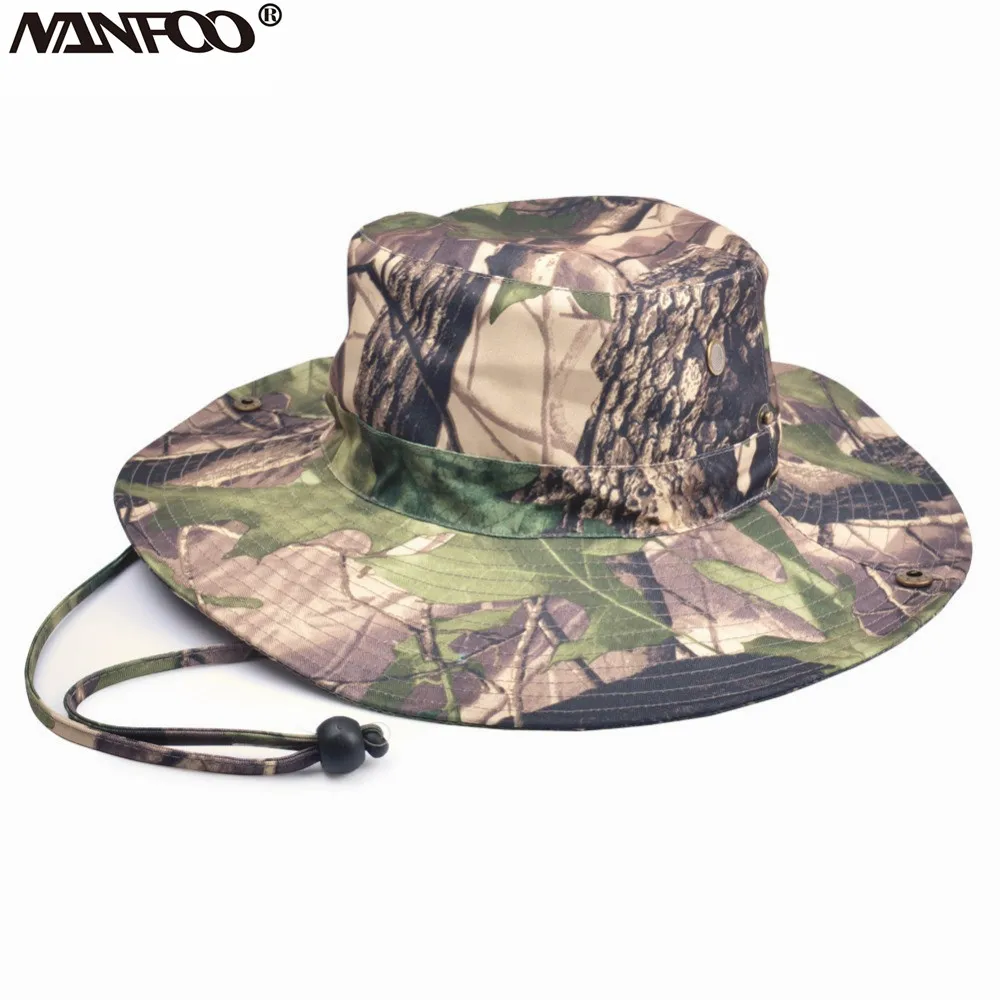 Jungle Bionic Camouflage Hunting Fishing Bonnie Cap Wide Brim Hat Outdoor Climbing Hiking Sunshade Hat Polyester Breathable Hats