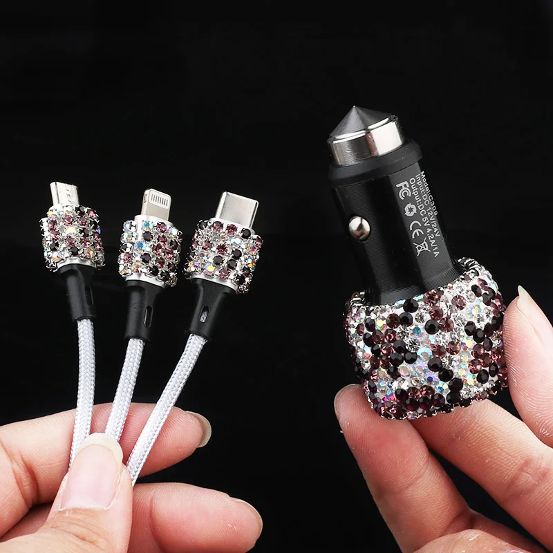 Dual USB Car Charger Bling Bling Handmade Rhinestones Crystal Car Decorations 3 in 1 Phone cable for Fast Charging