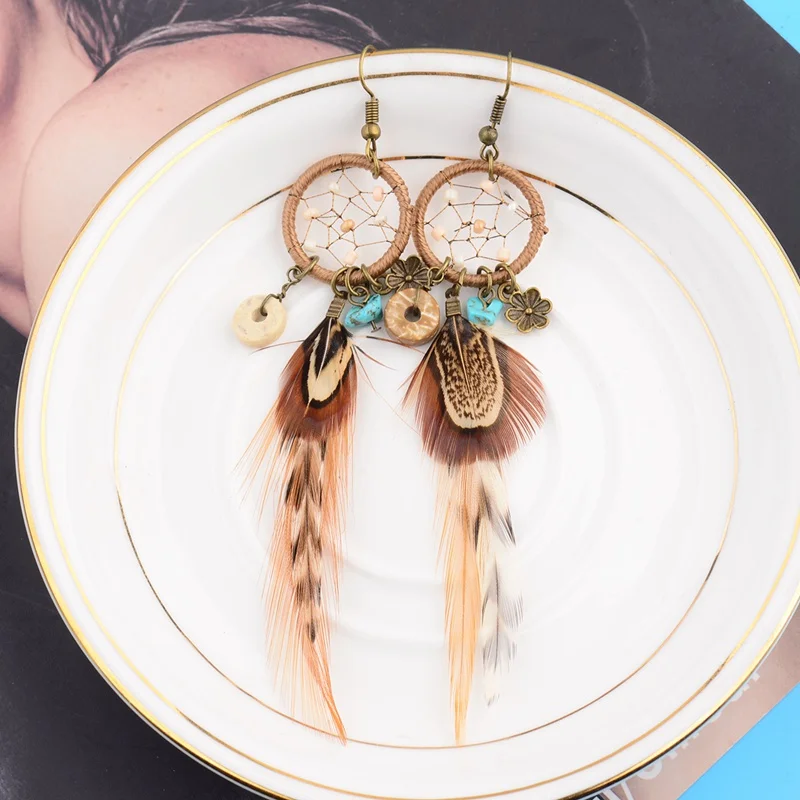 TopHanqi Bohemian Hollow Dream Catcher Leaf Feather Earrings For Women Indian Jewelry Blue Natural Stone Drop Dangle Earrings