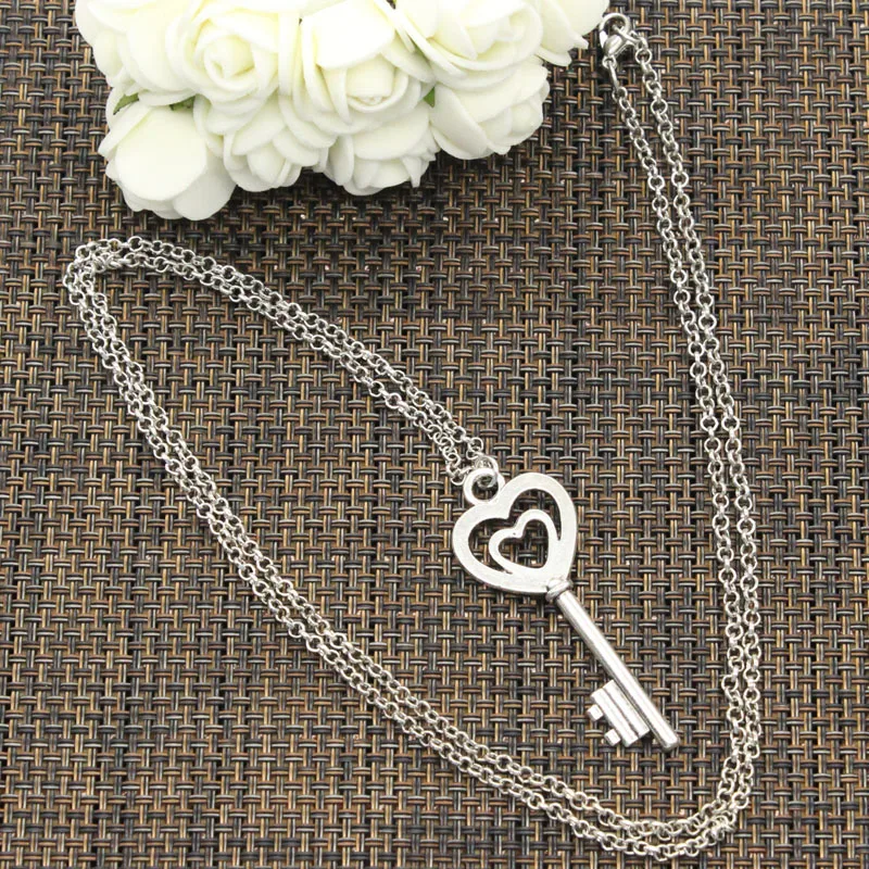 New Fashion Necklace Vintage Skeleton Heart Key 47x17mm Silver Color Pendants Short Long Women Men Colar Gift Jewelry Choker