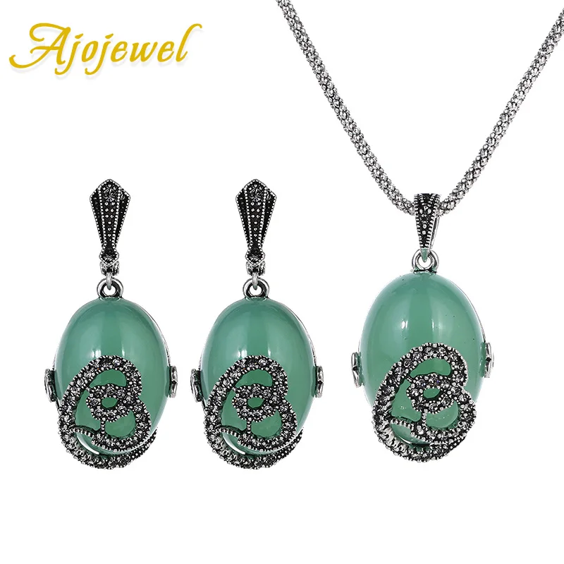 Ajojewel Big Egg Resin Stone Necklace And Earrings Set Jewelry With Black Rhinestone Heart Vintage Collectibles Items Women Gift