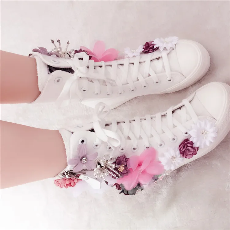 Sweet Flowers Women Canvas Shoes Flat Shoes High Top Manual Side Zipper Rhinestone Flowers Ladies Canvas Shoes Pearl