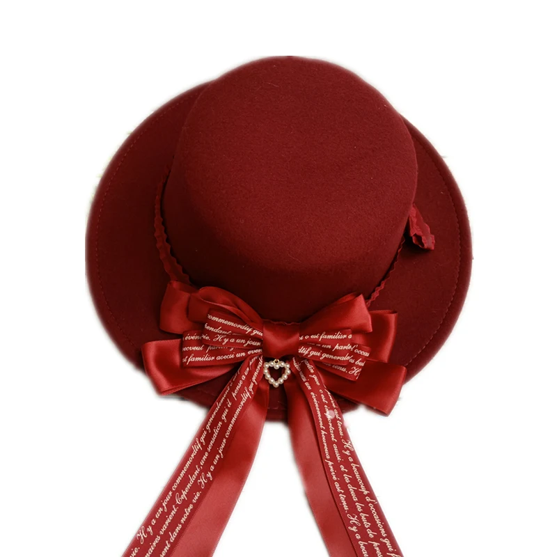 Lolita cloth hat, lovely imitation wool bonnet flat flat along the hat bowknot decoration of England