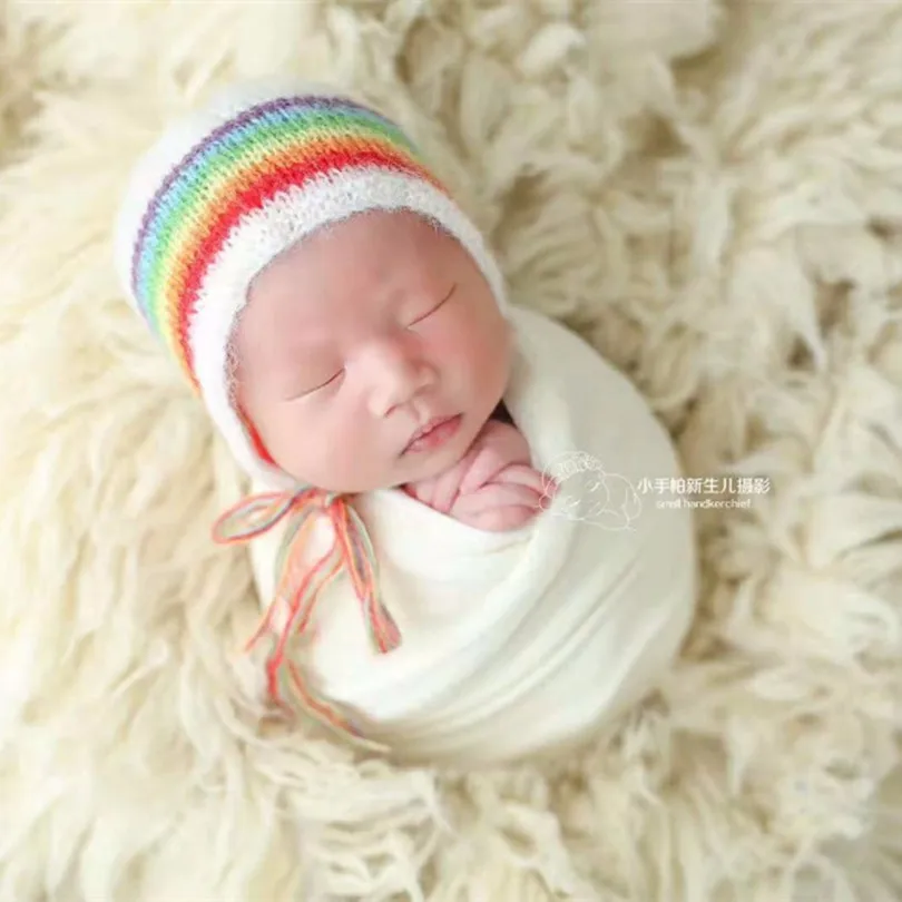 Pastel Newborn Rainbow Hat Cute Baby Girl Bonnet Newborn Knit Hat Mohair Infant Cap Baby Rainbow Beanie Photography Props