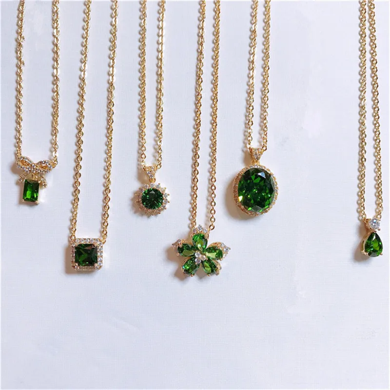 Created Emerald Necklace Pendants For Women Green Gemstone Clavicle Chain Fine Jewelry 100% Handmade Bijoux Torque Gift