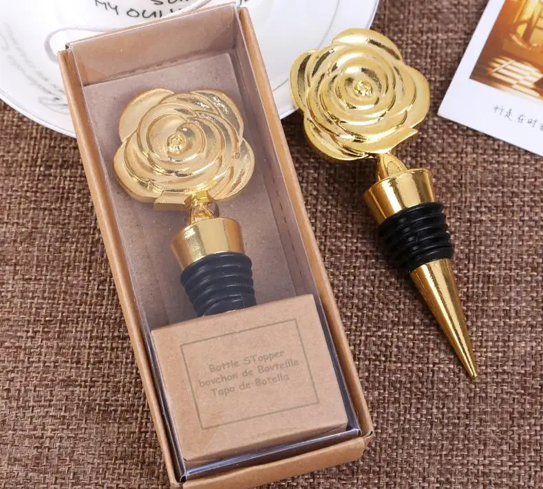 

100pcs New Creative Gold Color Metal Rose Wine Bottle Stopper Wedding Gifts Party Favors for Guests SN1601