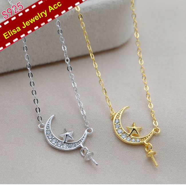 S925 Sterling Silver Moon&Star Design Pearl Pendant Necklace Accessory Silver&Gold Color 3Pcs/Lot