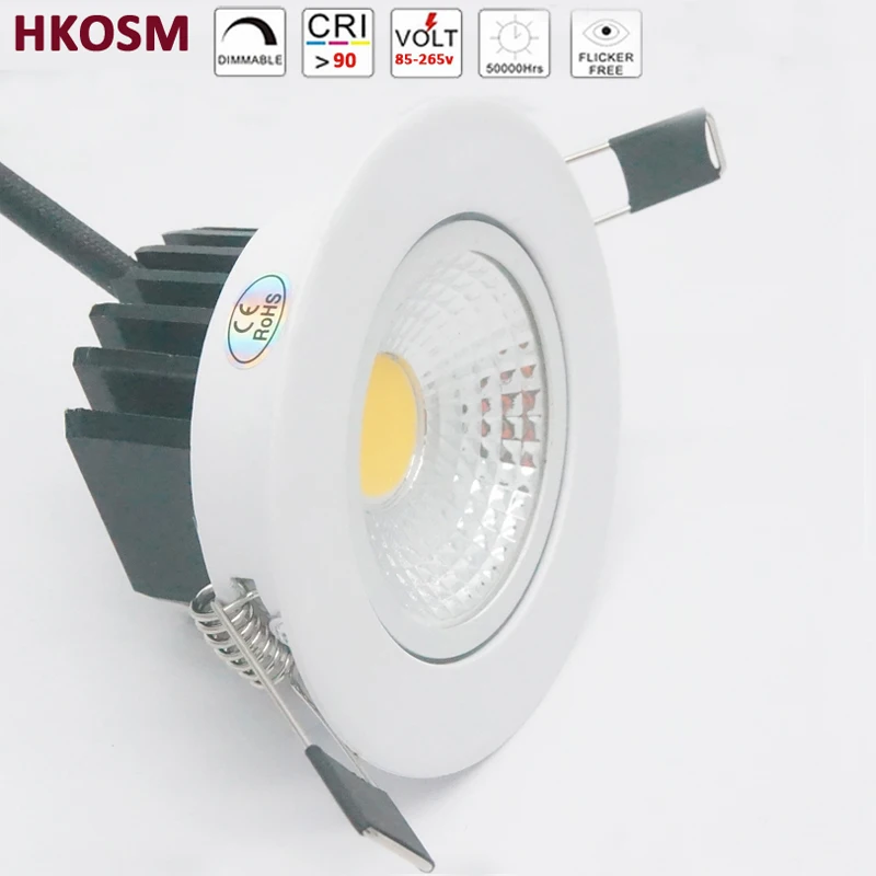 Luminária led dimerizável, 3w, 5w, 7w, 9w, 12w, cob, 85-265v, refletor embutido, luz de teto para iluminação interna, corpo branco