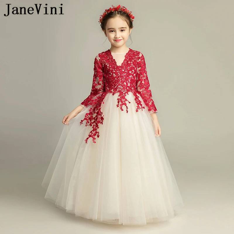 JaneVini Thanh Lịch Puffy Tulle Công Chúa Burgundy Hoa Cô Gái Ăn Mặc 2019 V Cổ Ren Appliques A Line Cô Gái Đầu Tiên Rước Dresses