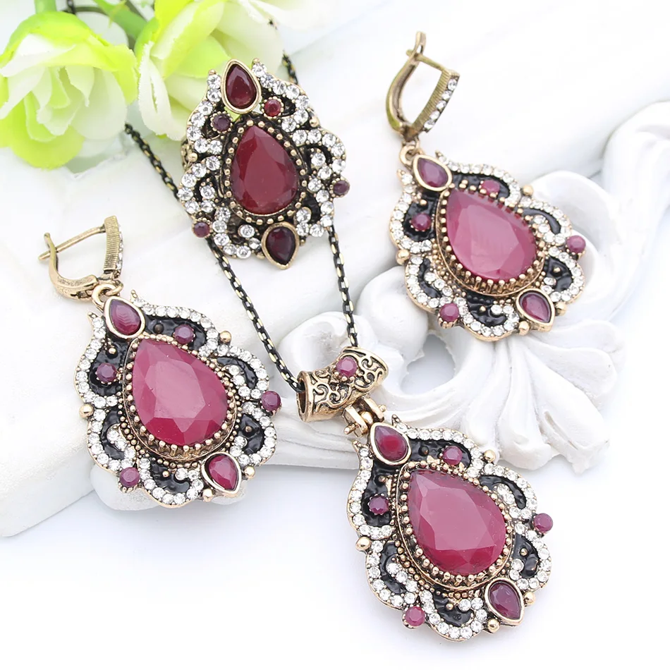 Exquisite Turkish  Women Flower Resin Jewelry Sets Hook Earring Antique Gold Color Vintage Ring Nigeria India Crystal Necklace