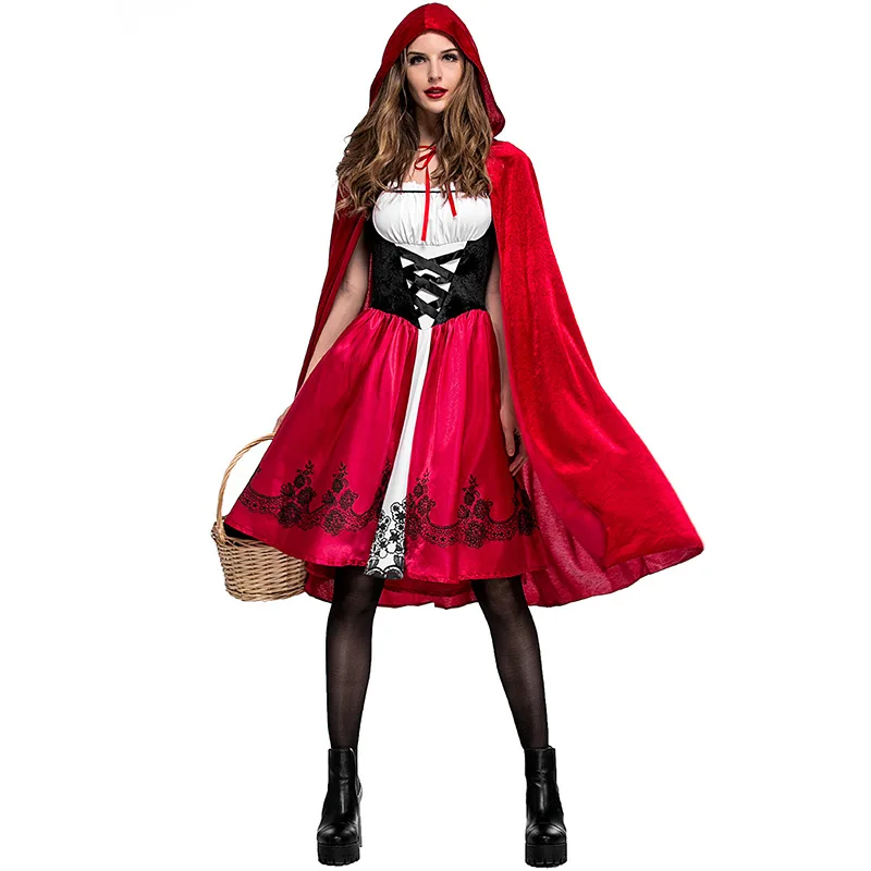 Adult Women Halloween Costume Little Red Riding Hooded Robe Lady Embroidery Dress Party Cloak Outfit For Girls Plus Size XXXL