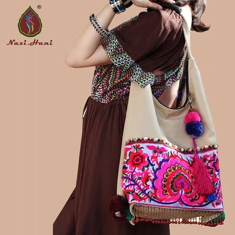 New Beige Women Bag Double sided embroidered canvas bags  Handmade tassel shoulder bags Ethnic bags