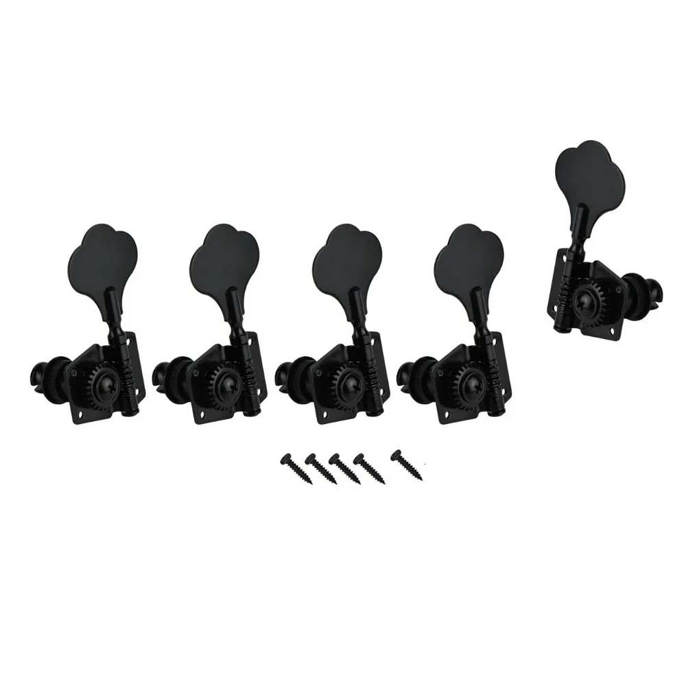 FLEOR 5pcs Black Metal Open Style Electric Bass Tuning Pegs 4L1R Machine Heads Tuners for 5-String Bass