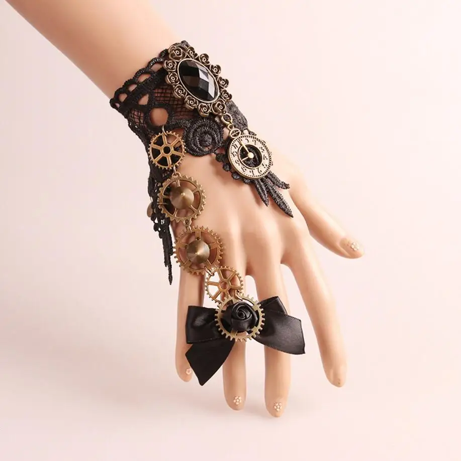 Gothic Punk Style Rivet Studs and Gears Mixed Combo Black Lace Steampunk Bracelet