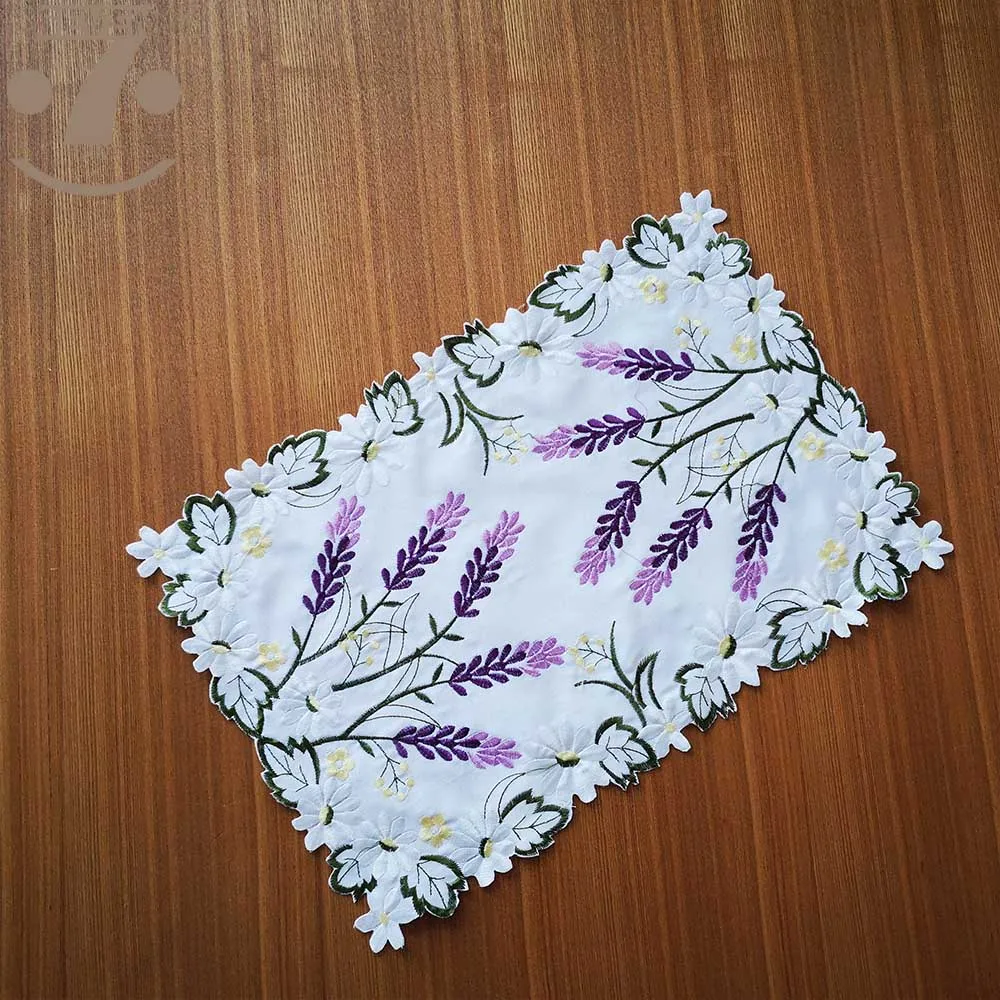 1Lot/3Pcs Modern White Color Satin Cloth Lavender Cutwork Embroidered Placemats Lilac Design Doily For Table Cabinet Decoration