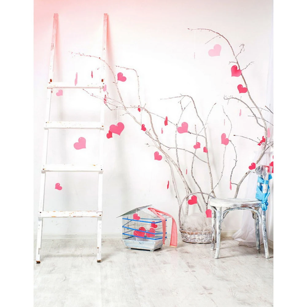 Indoor Room Photography Backdrop Vinyl Printed Ladder Chair Twigs Pink Love Heart Decors Newborn Baby Girls Photo Backgrounds