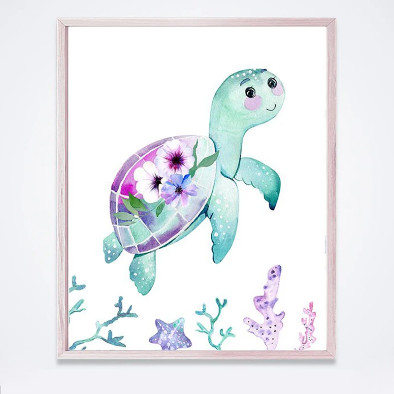 Mermaid Canvas Posters Nursery Wall Art Print Watercolor Sea Animals Starfish Turtle Octopus Painting Girls Room Wall Art Decor