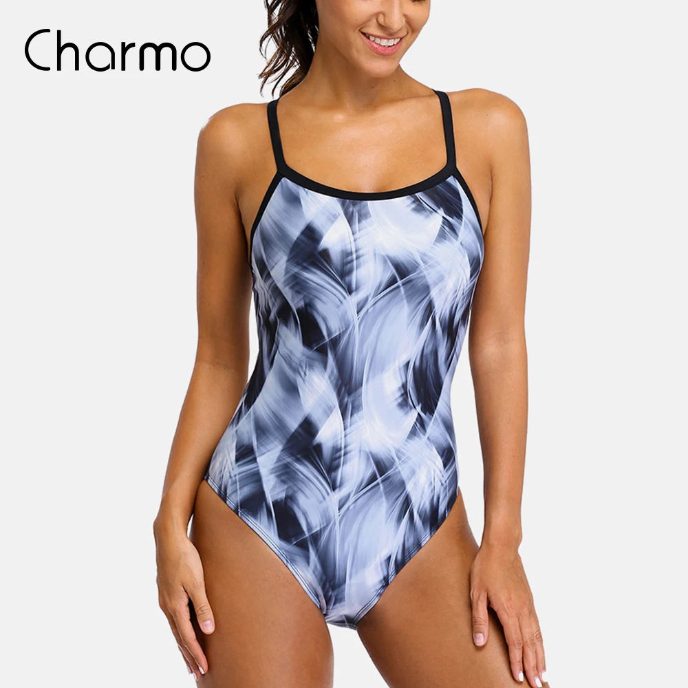 

Charmo One Piece Women Sports Swimwear gradient color Sports Swimsuit Watercolor Print Monokini Bikini Beach Bathing Suit slim