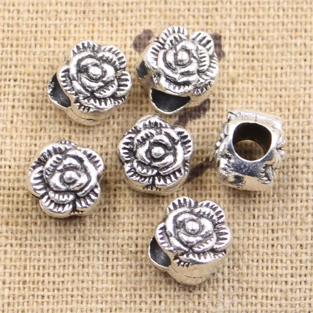 15pcs 10x9x9mm Flower Rose 4.5mm Big Hole Antique Silver Color Beads Charms Fits Diy Charms Bracelet Jewelry Beads