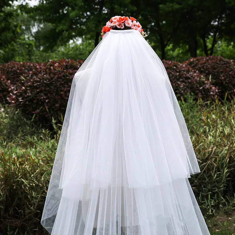 JaneVini 2019 Elegant Wedding Veil 2ชั้น3Dดอกไม้วิหารTulleนุ่มยาวผ้าคลุมหน้าเจ้าสาวด้วยหวีVelo De Novia 3 Metros