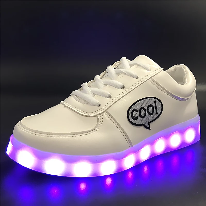 7ipupas EUR 30-44 DIY Boys/Girls kids  led shoes glowing shoes with COOL Letter Embroidery sticker USB Charger Luminous Sneaker