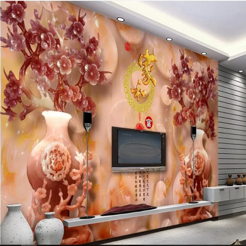 

wellyu Custom large frescoes jade carving vase plum home and the rich blessing word TV background wall painting wallpaper