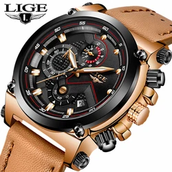 LIGE – montre de Sport pour hommes, Top marque de luxe, décontractée, à Quartz, en cuir véritable, militaire, étanche