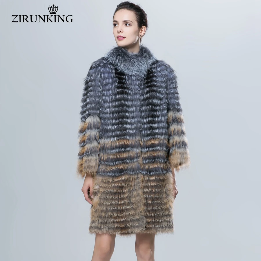 

ZIRUNKING Real Silver Fox With Red Fox Fur Coat Autumn Warm Women's Coat Striped Style Long Sleeves Fashion Slim Outwear ZC1624