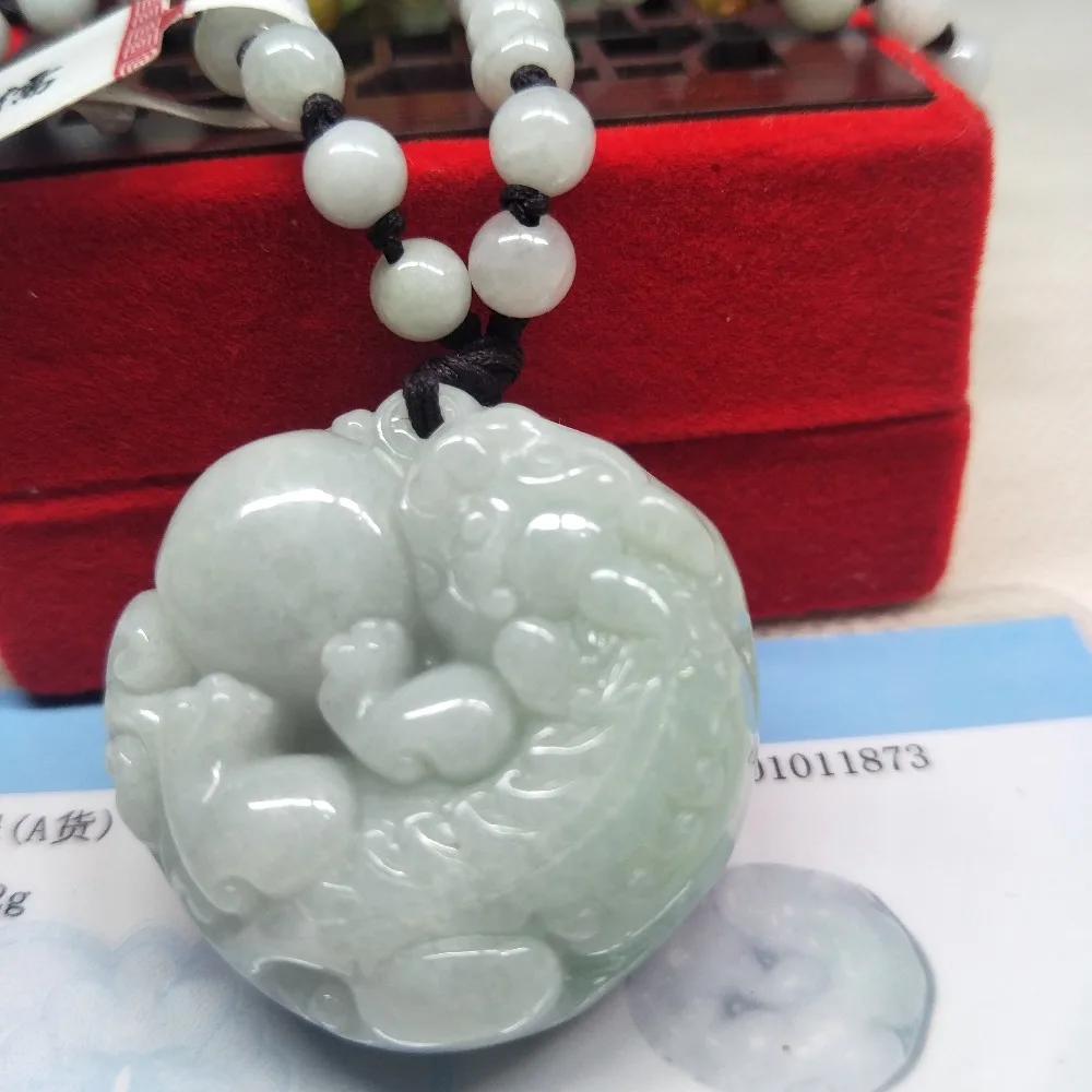 Zhe Ru Jewelry Pure Natural Jadeite Light Green Beast Pixou Pendant Tricolor Jade Bead Necklace Gift Class A National Certificat