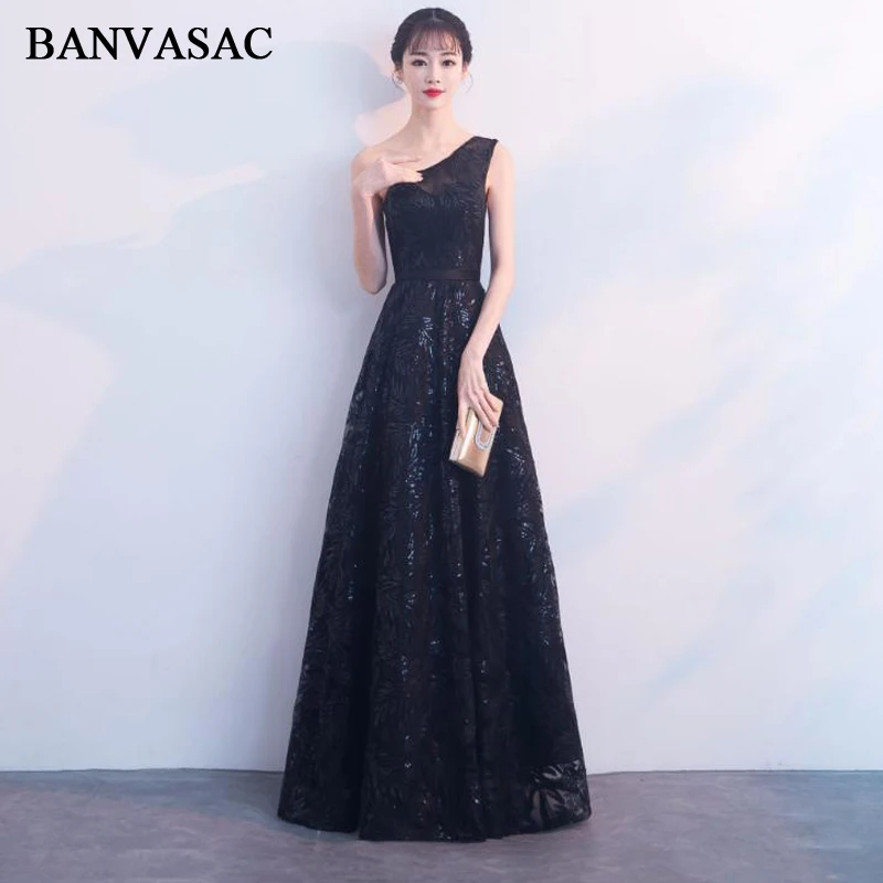 

BANVASAC One Shoulder 2018 Elegant Lace Long Evening Dresses Party Sequined A Line Sleeveless Sash Backless Prom Gowns