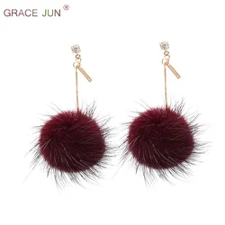 GRACRE JUN Rabbit Fur Ball PomPom Long wedding clip on earrings for Women Unique Soft  Ear Earring Jewelry Cute Christmas Gift