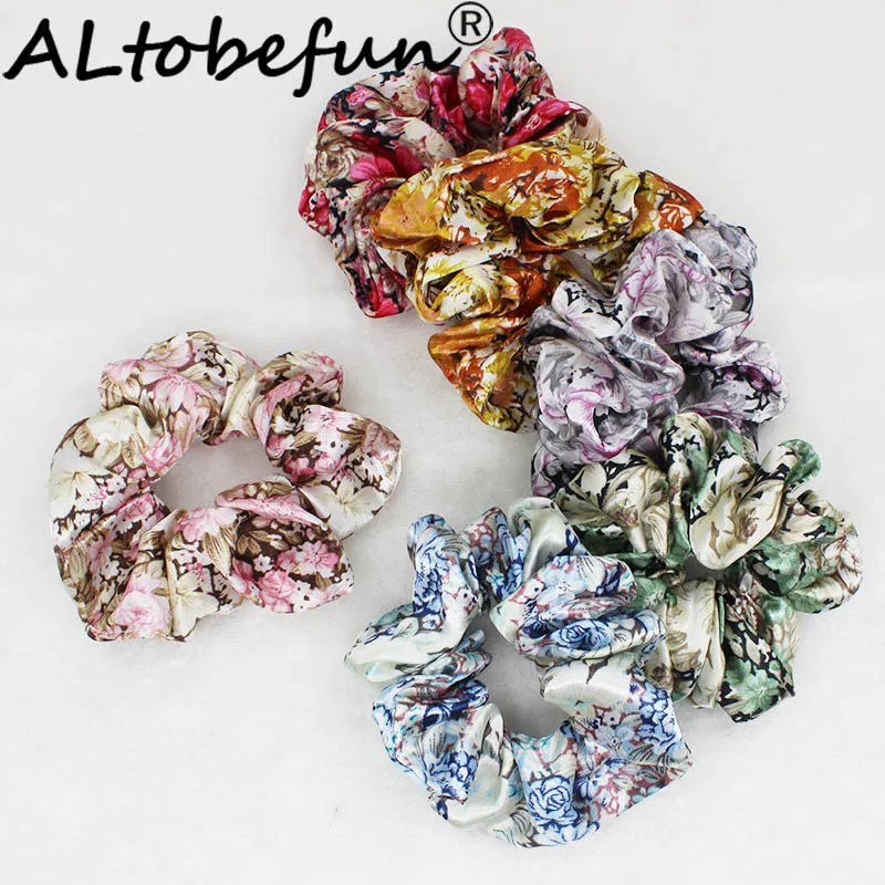 ALTOBEFUN Floral Women Scrunchies Fashion Girl Satin Hair Accessories Elastic Hair Holder Lady Hairties Hairbands BF001