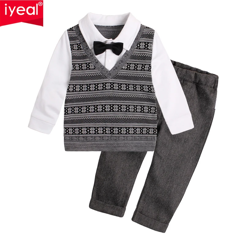 IYEAL  Autumn Fashion Infant Clothing Baby Suit Children Boys Clothes Gentleman Bow Tie  Fake Two Pieces Jacket + Pants Kids Set