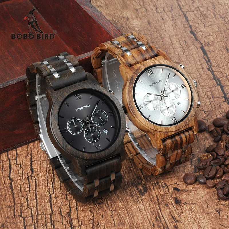 BOBO BIRD Wooden Watch Men relogio masculino Wood Metal Strap Chronograph Date Quartz Watches Luxury Versatile Timepieces Gifts