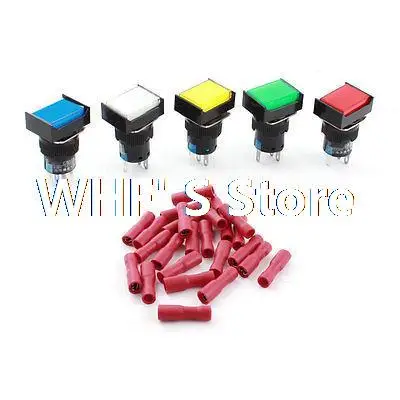 5Pcs AC220V Assorted Color LED Lamp SPDT Locking Pushbutton Switch 16mm w Connectors