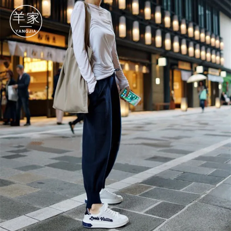 2023 New Spring Autumn Cashmere Knitted Pants Women Loose And Thin Sports Trousers High Waist Wool Pants Casual Haren Pants