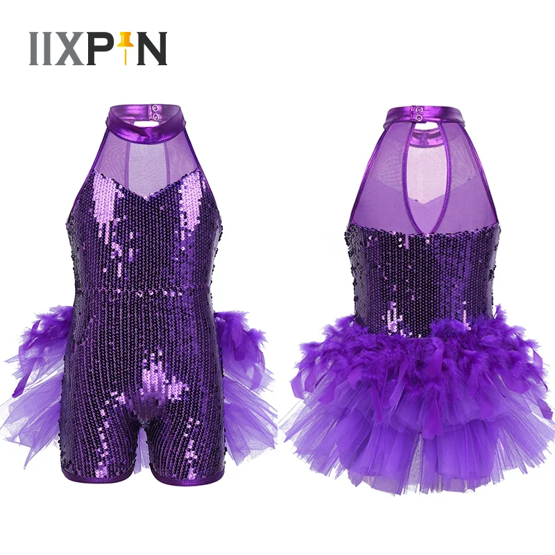 Girls Sequins Jazz Latin Ballet Dance Costume Leotard Jumpsuit Kids Sleeveless Mock Neck Shiny jazz Costume Feather Costumes